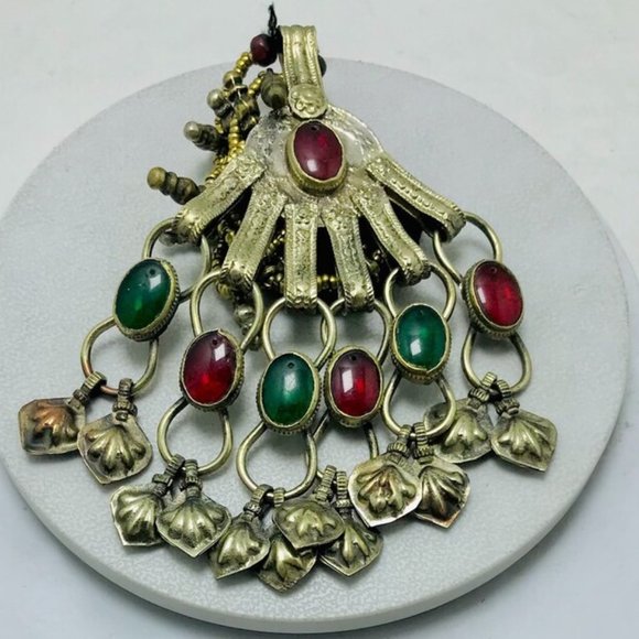 Pendant Necklace, Tribal Big Pendant With Red and Green Glass Stones and Beaded - Picture 10 of 11